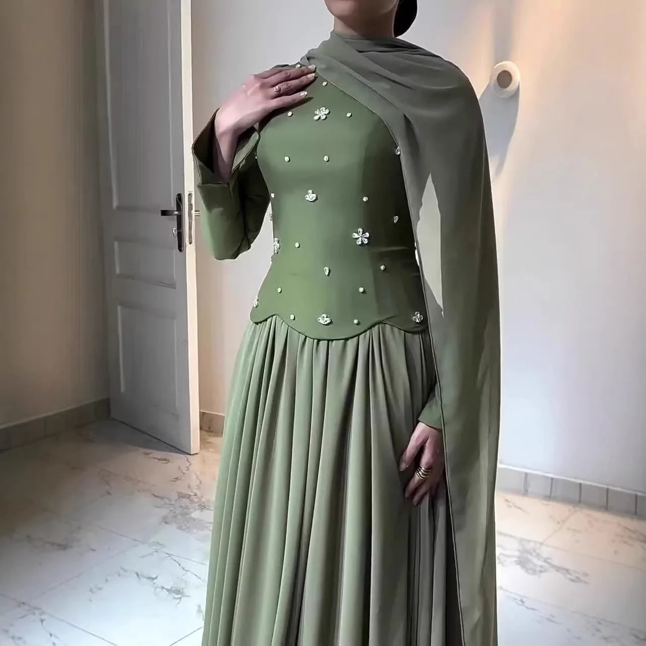 Women Long Dress Splice Beaded Mock Neck Full Sleeve Streetwear