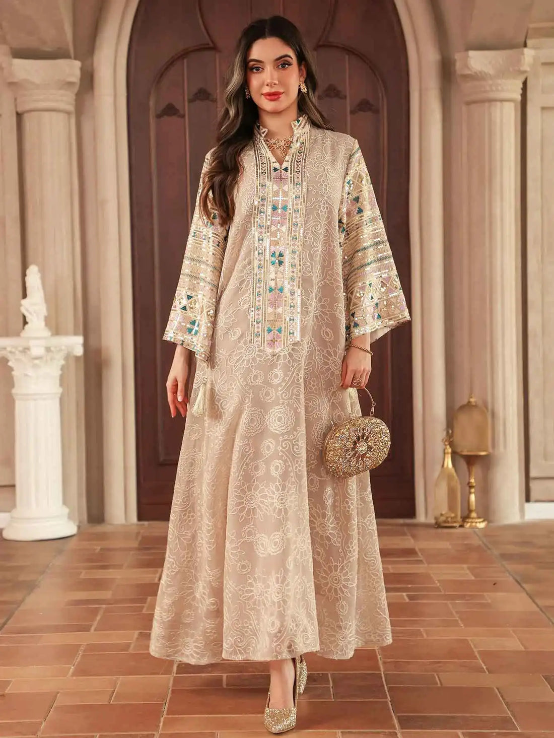 Multicolor Embroidered Sequin Abaya – Beige Eid Dress
