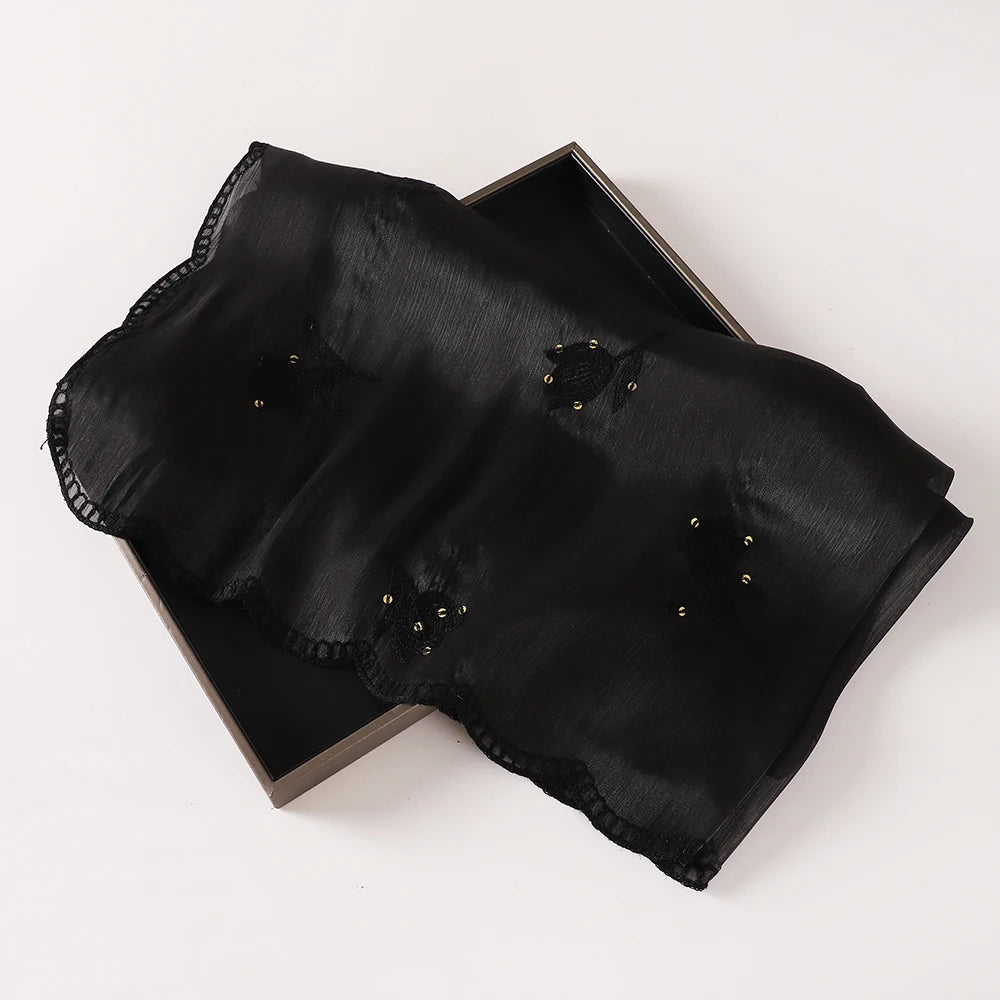 90×90cm Floral Embroidery Chiffon Hijab – Lightweight Shimmer Scarf
