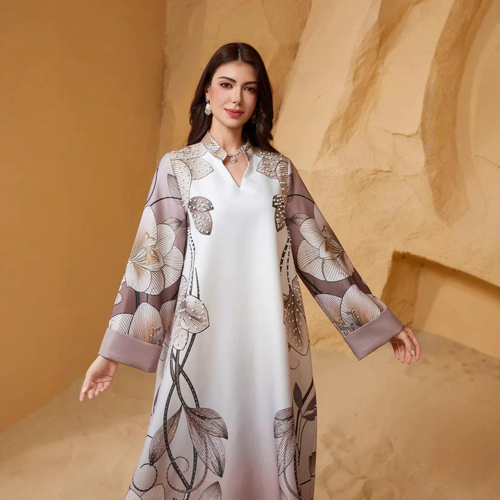 Saudi Luxury Nail Bead Diamond Robe – V-Neck Flip Sleeve Dress