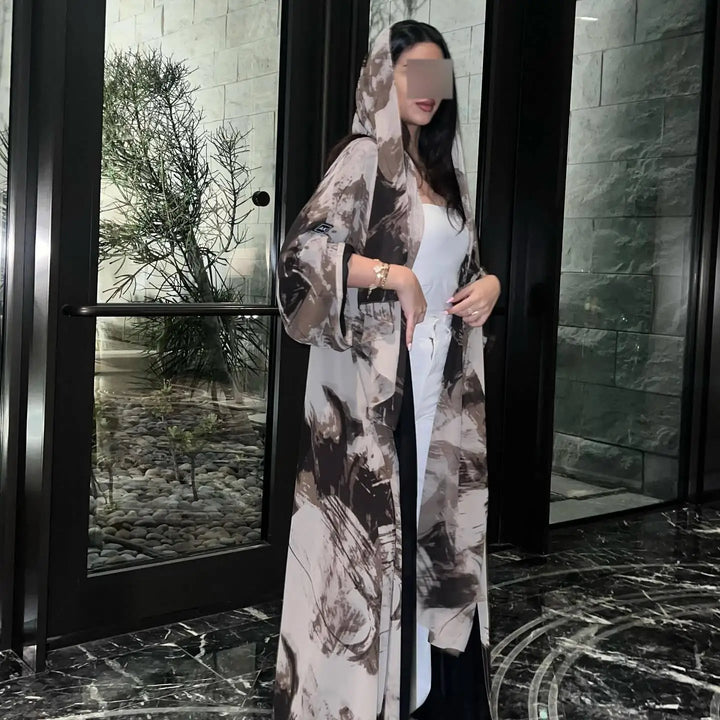 Ink Wash Print Open Abaya – Hijab Cardigan Robe