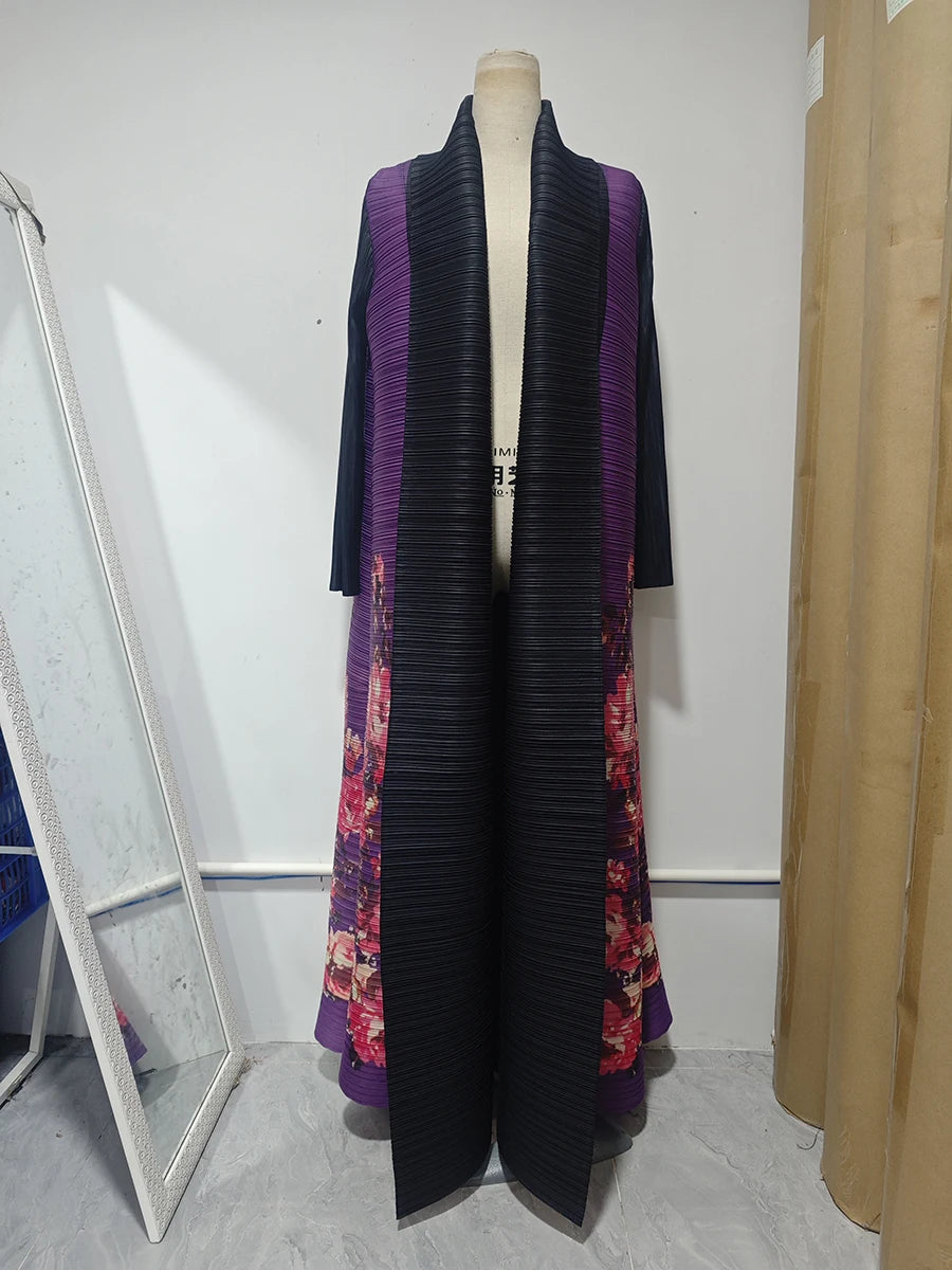 Miyake Pleated Abaya Coat – Vintage Print Designer Jacket