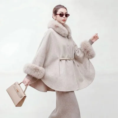 New detachable fox fur collar cape 100 wool double-sided woolen coat