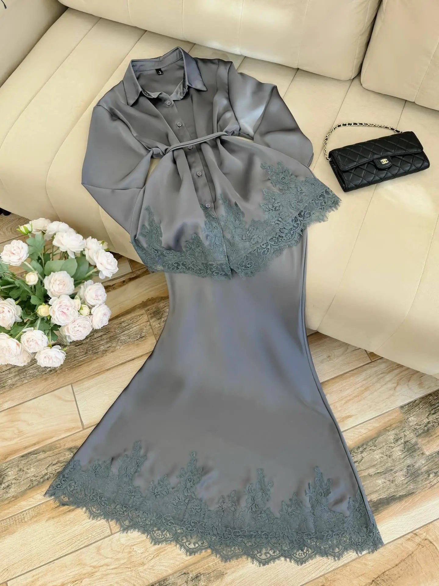 Women Two Piece Sets Skirt Set Turn Down Collar Lace Streetwear