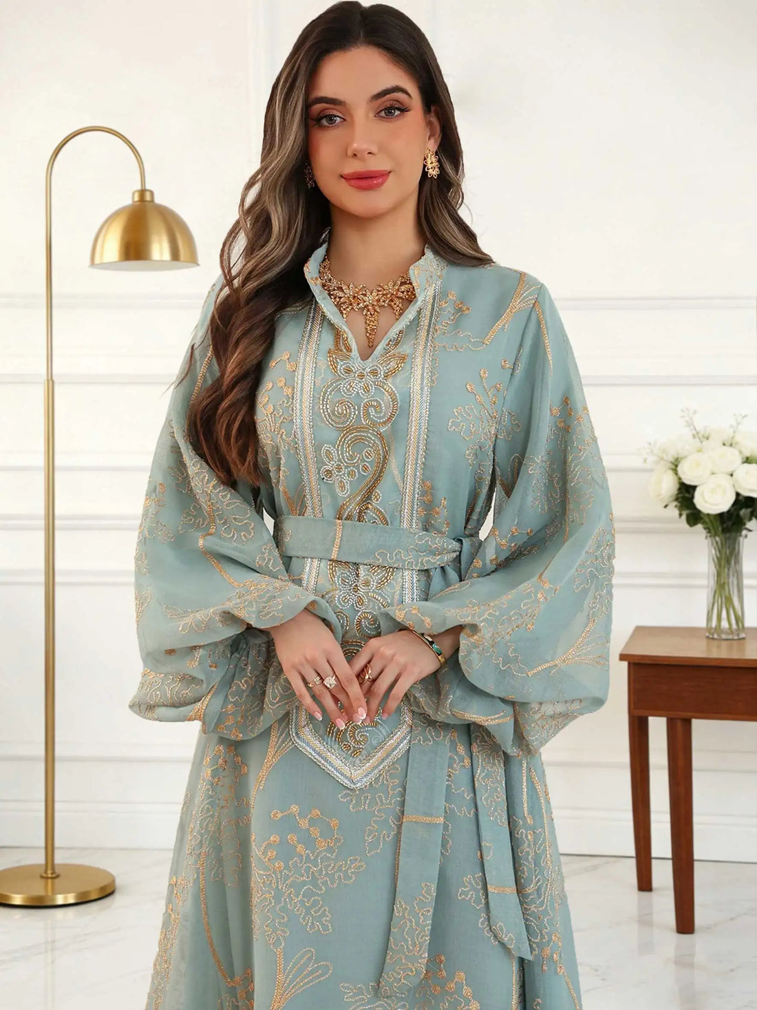 Floral Gold Embroidery Abaya – Casual Ramadan Dress