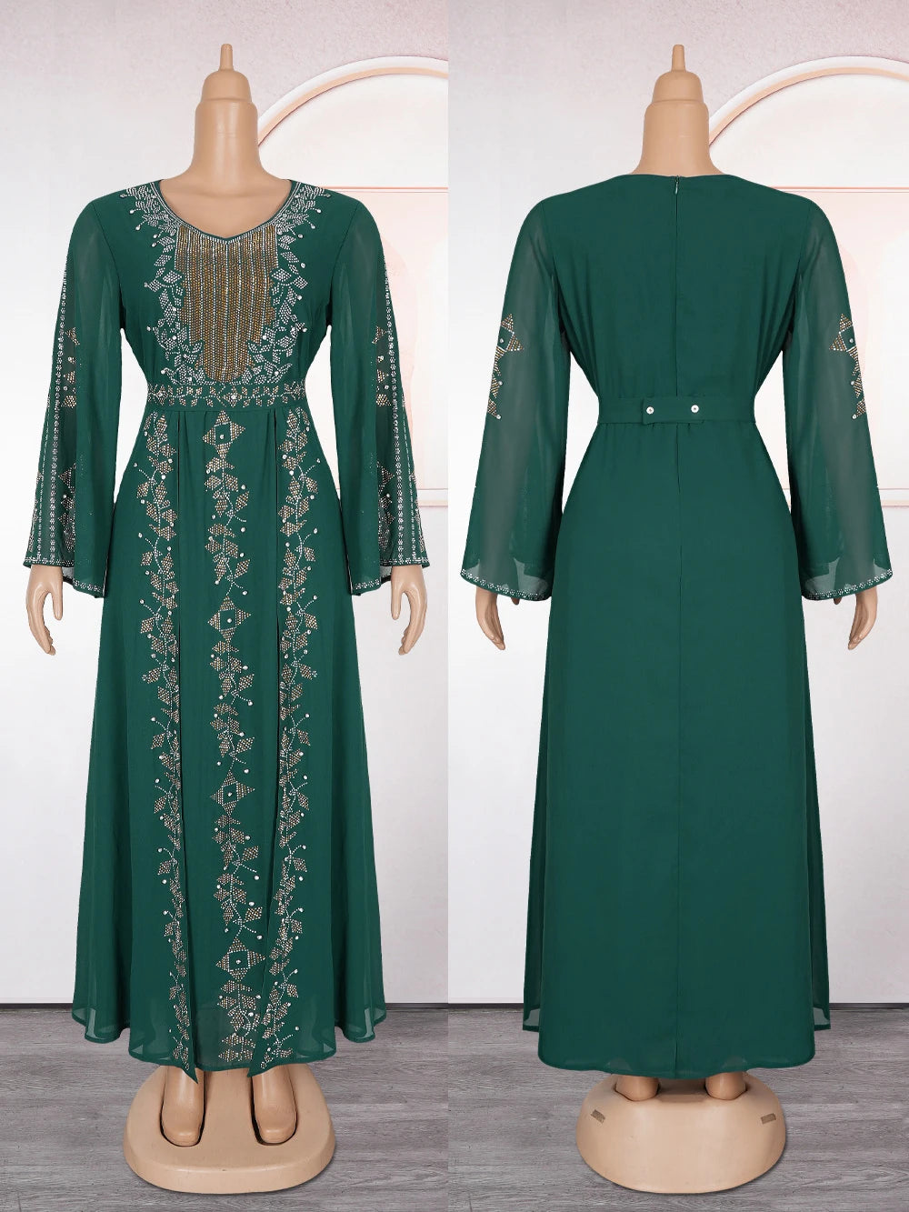 Elegant Chiffon Ruffle Sleeve Maxi Dress – Diamond-Detail Evening Gown