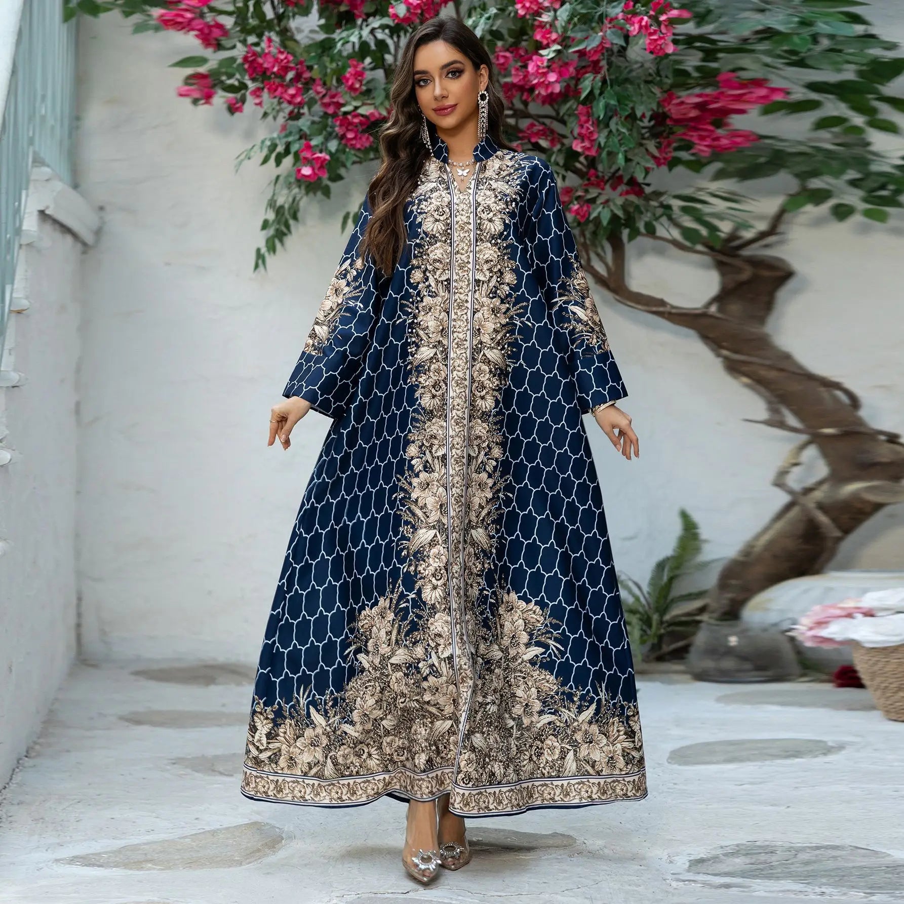 Pearl & Diamond Embellished Abaya – Elegant Long Modest Dress