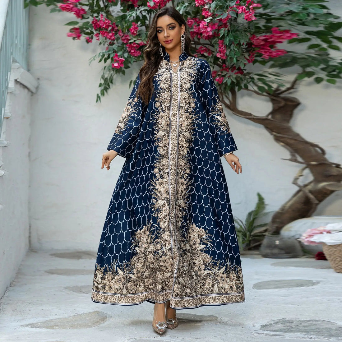 Pearl & Diamond Embellished Abaya – Elegant Long Modest Dress