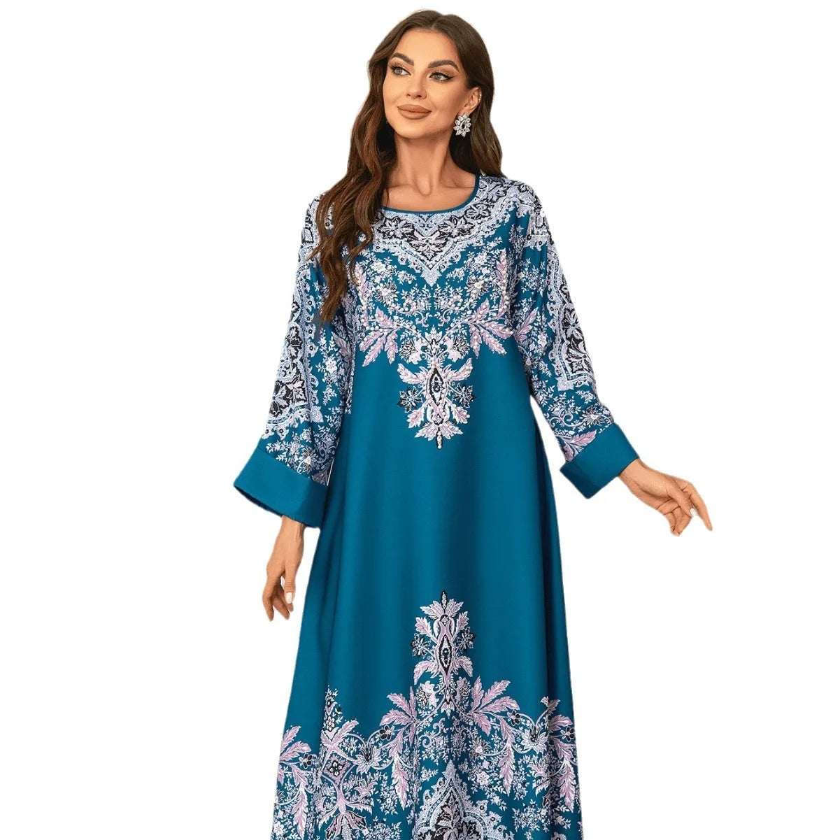 Elegant Traditional Print Abaya – Embroidered Loose-Fit Maxi Dress
