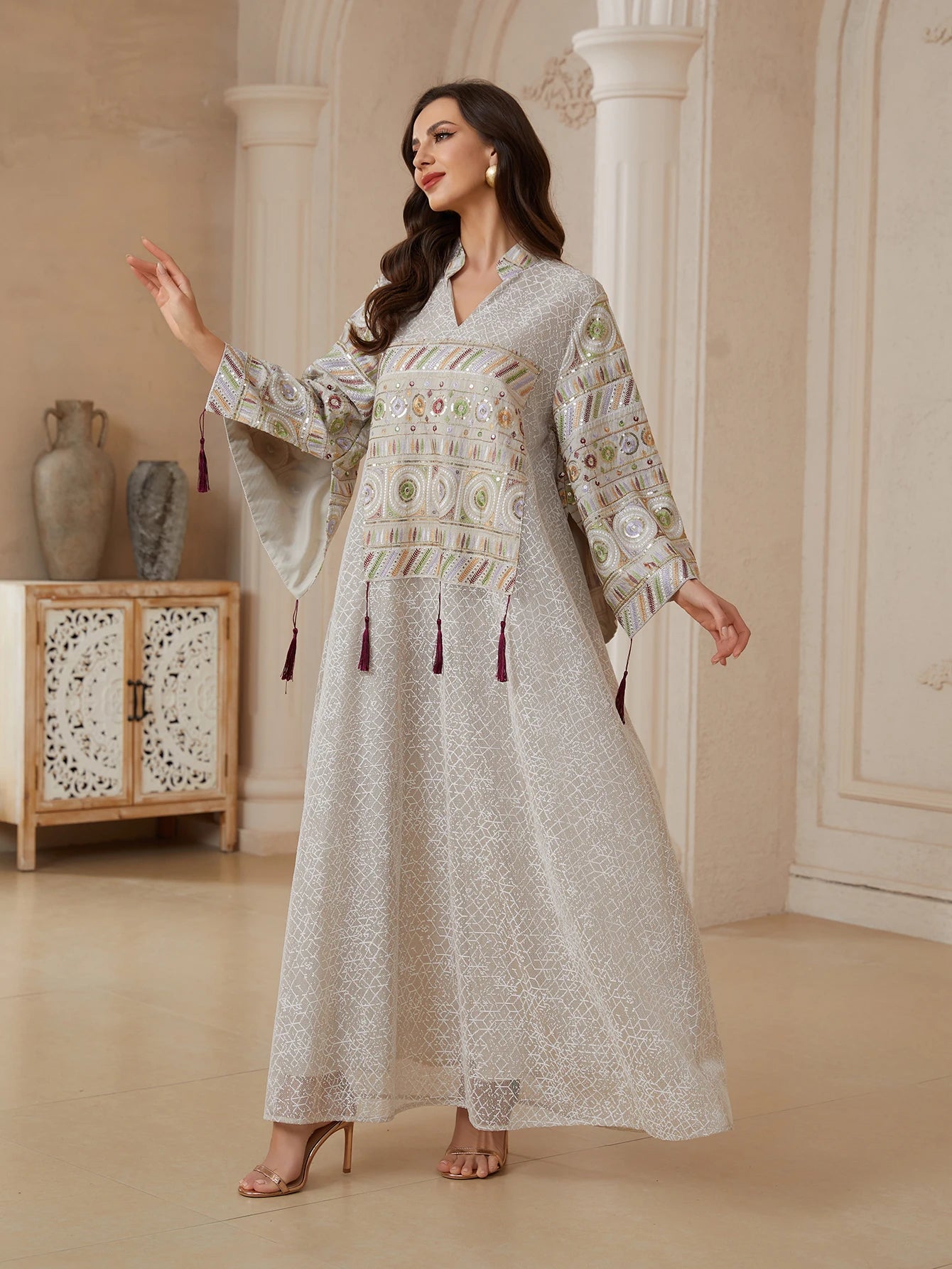 Mesh Sequin Embroidery Caftan – Stand Collar Elegant Dress