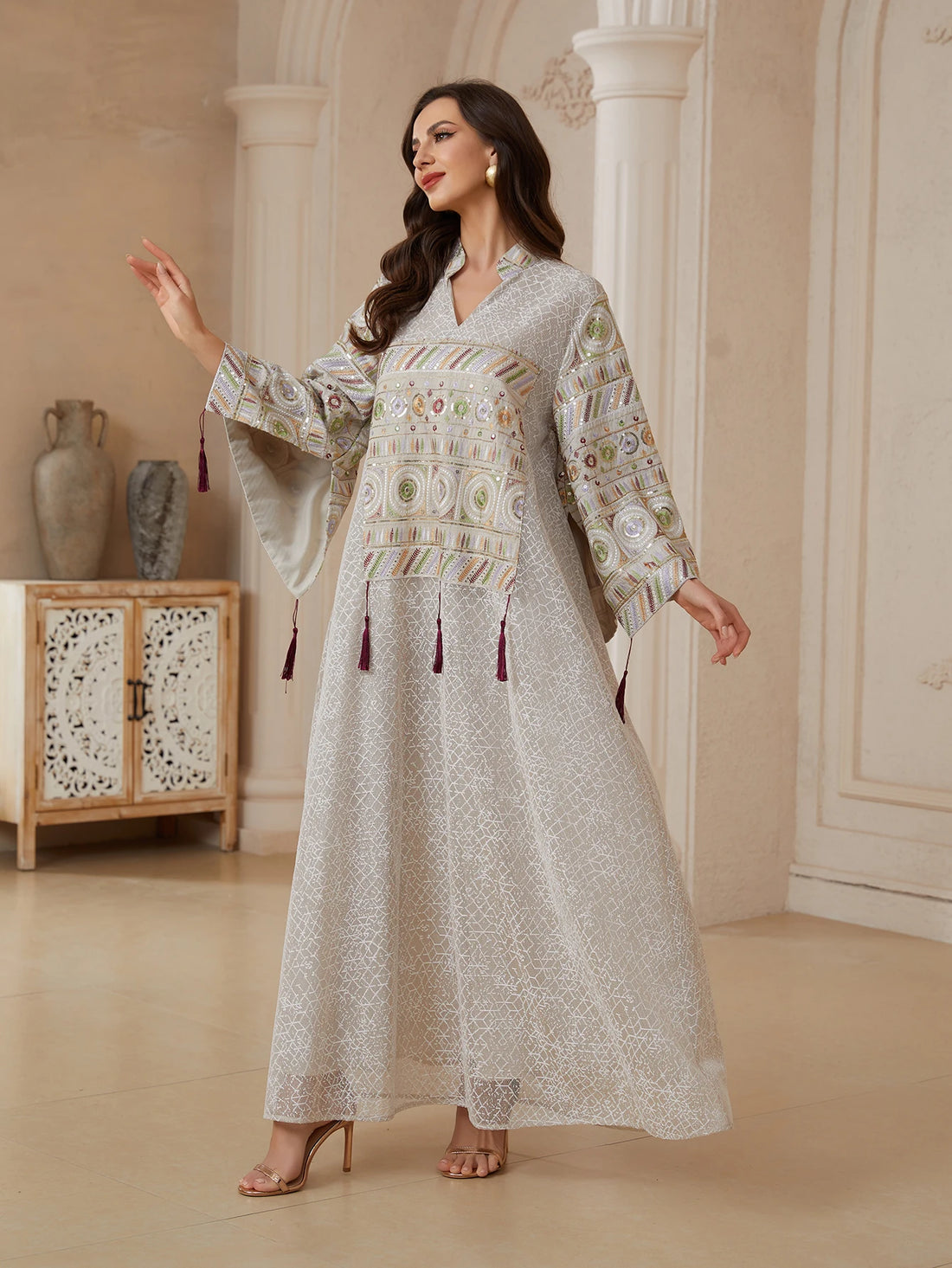 Mesh Sequin Embroidery Caftan – Stand Collar Elegant Dress