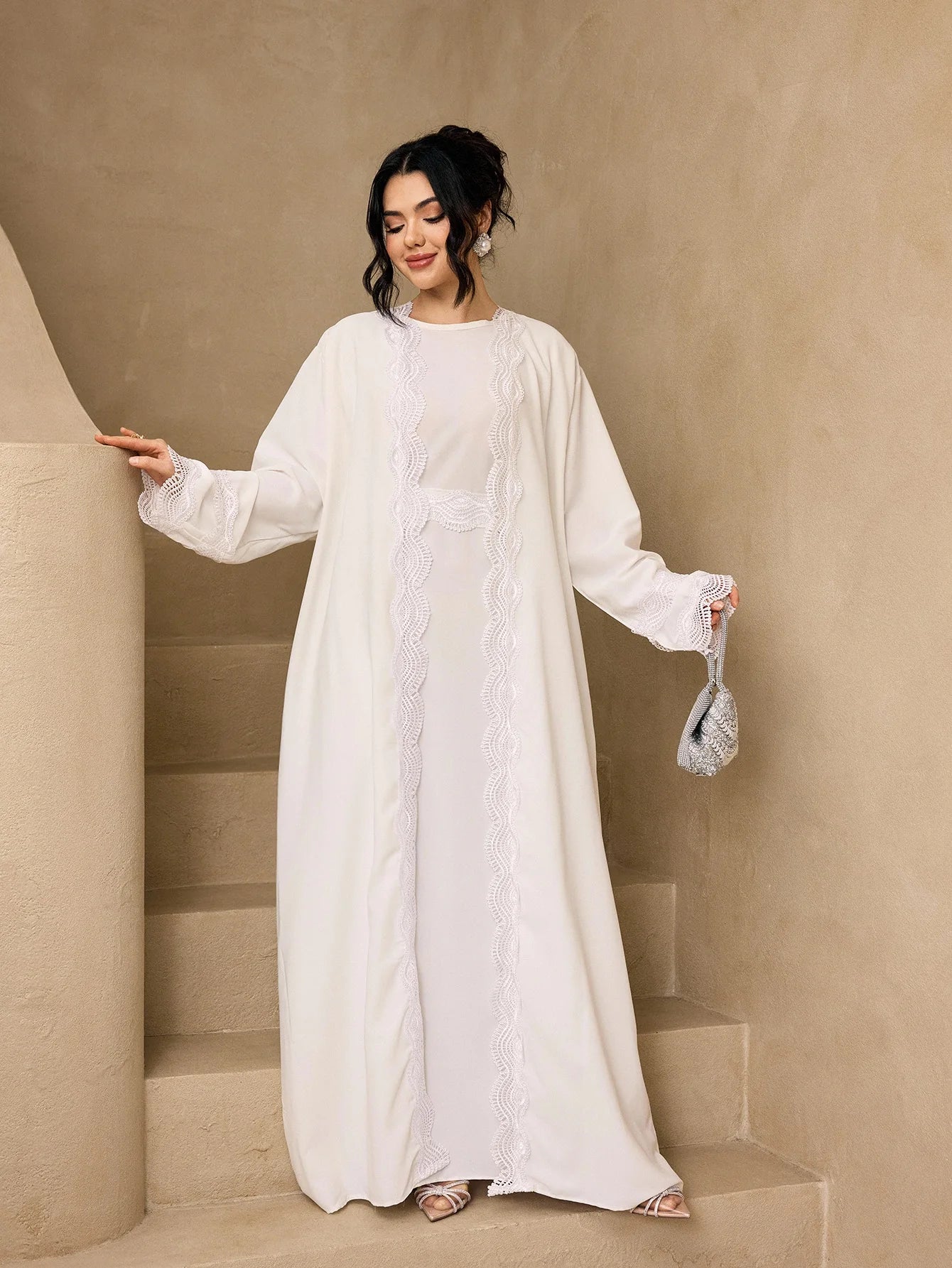 3-Piece Lace Trim Open Abaya Set – Modest Dress with Hijab & Belt