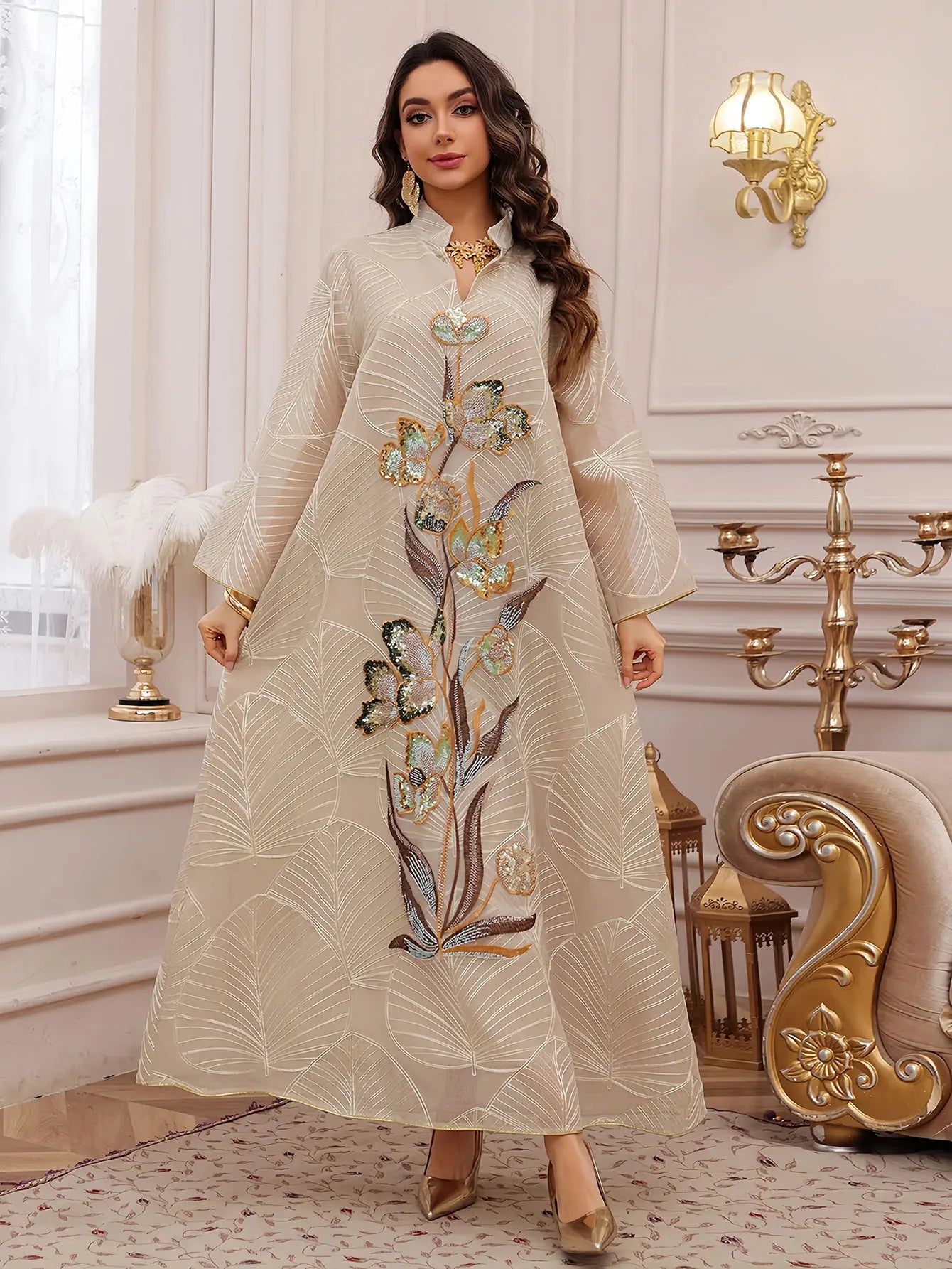 Light Blue Sequin Floral Abaya – Embroidered Evening Dress