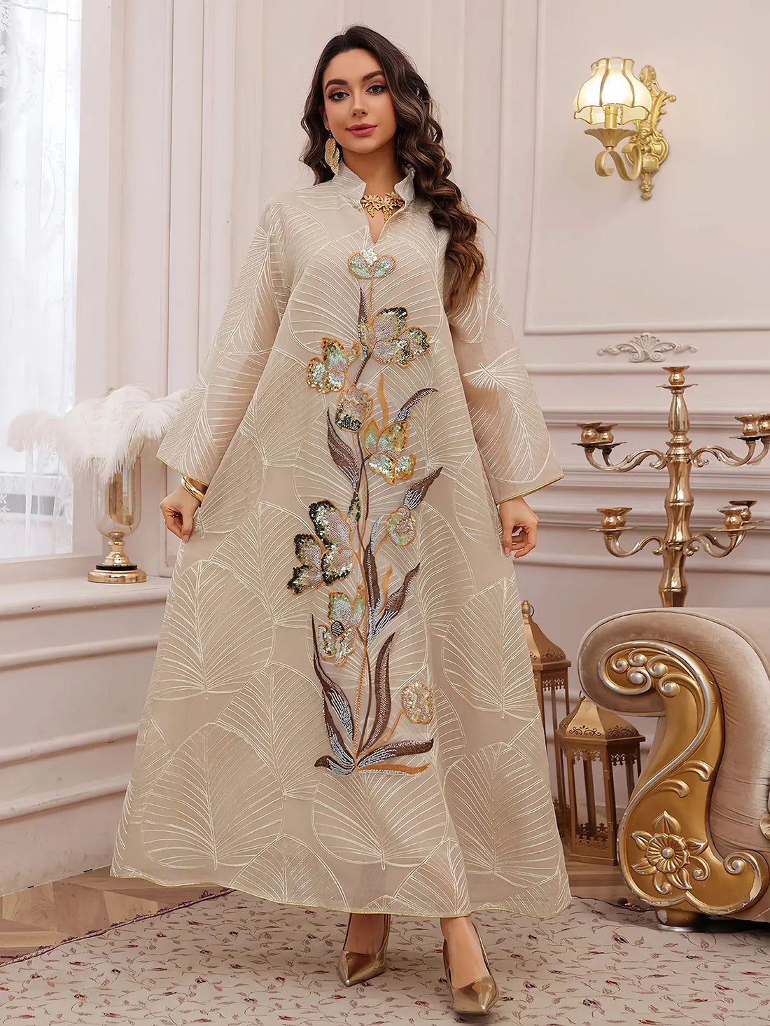 Light Blue Sequin Floral Abaya – Embroidered Evening Dress