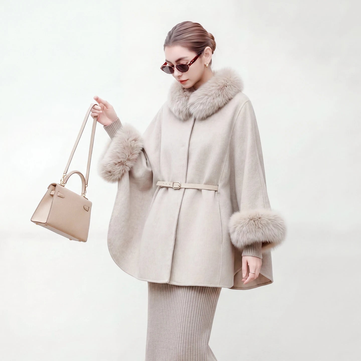 New detachable fox fur collar cape 100 wool double-sided woolen coat