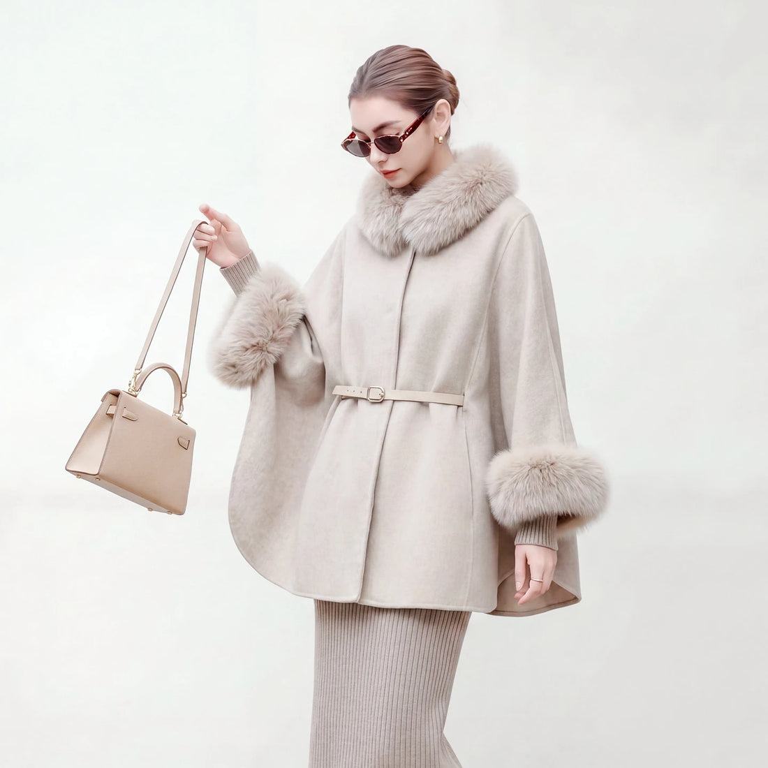 New detachable fox fur collar cape 100 wool double-sided woolen coat