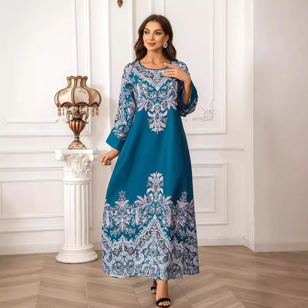 Elegant Traditional Print Abaya – Embroidered Loose-Fit Maxi Dress