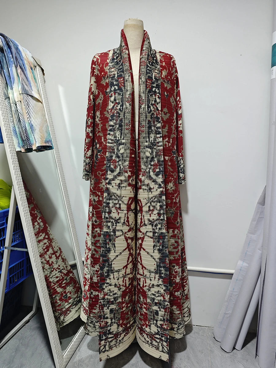 Miyake Pleated Abaya Coat – Vintage Print Designer Jacket