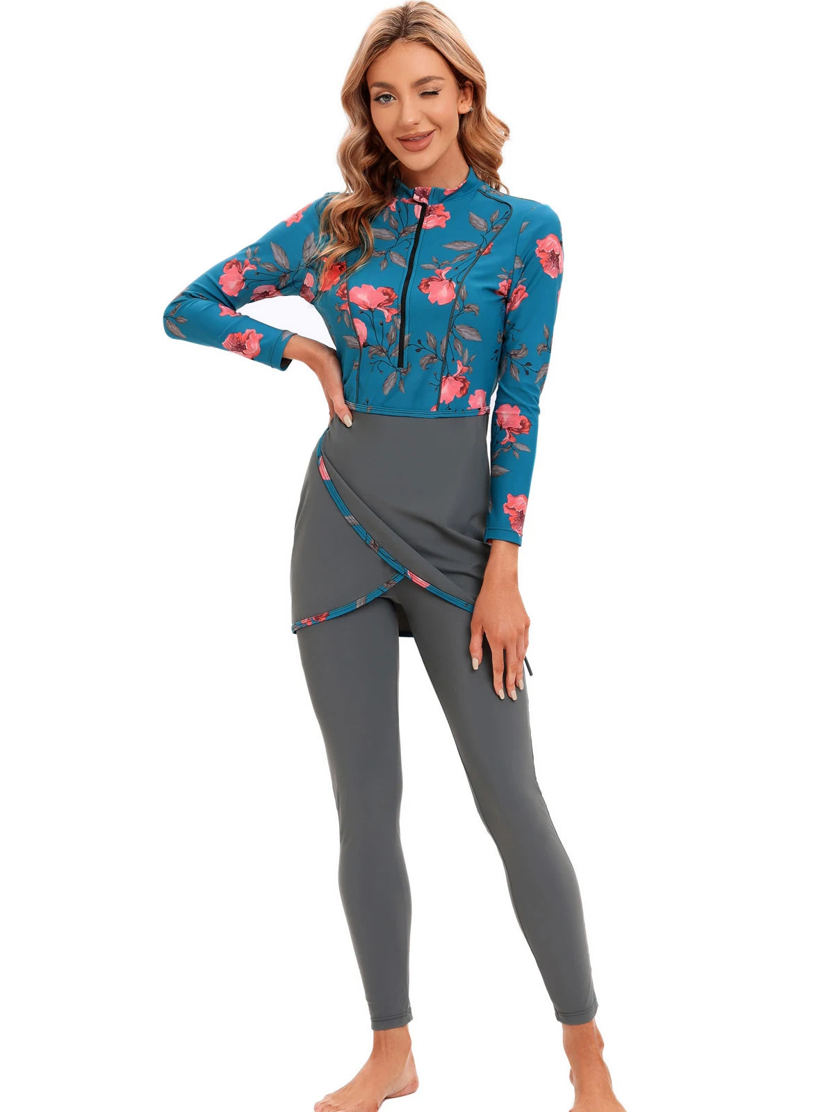 New Muslim Swimwear Women Modest Patchwork Hijab Long Sleeves Sport Swimsuit