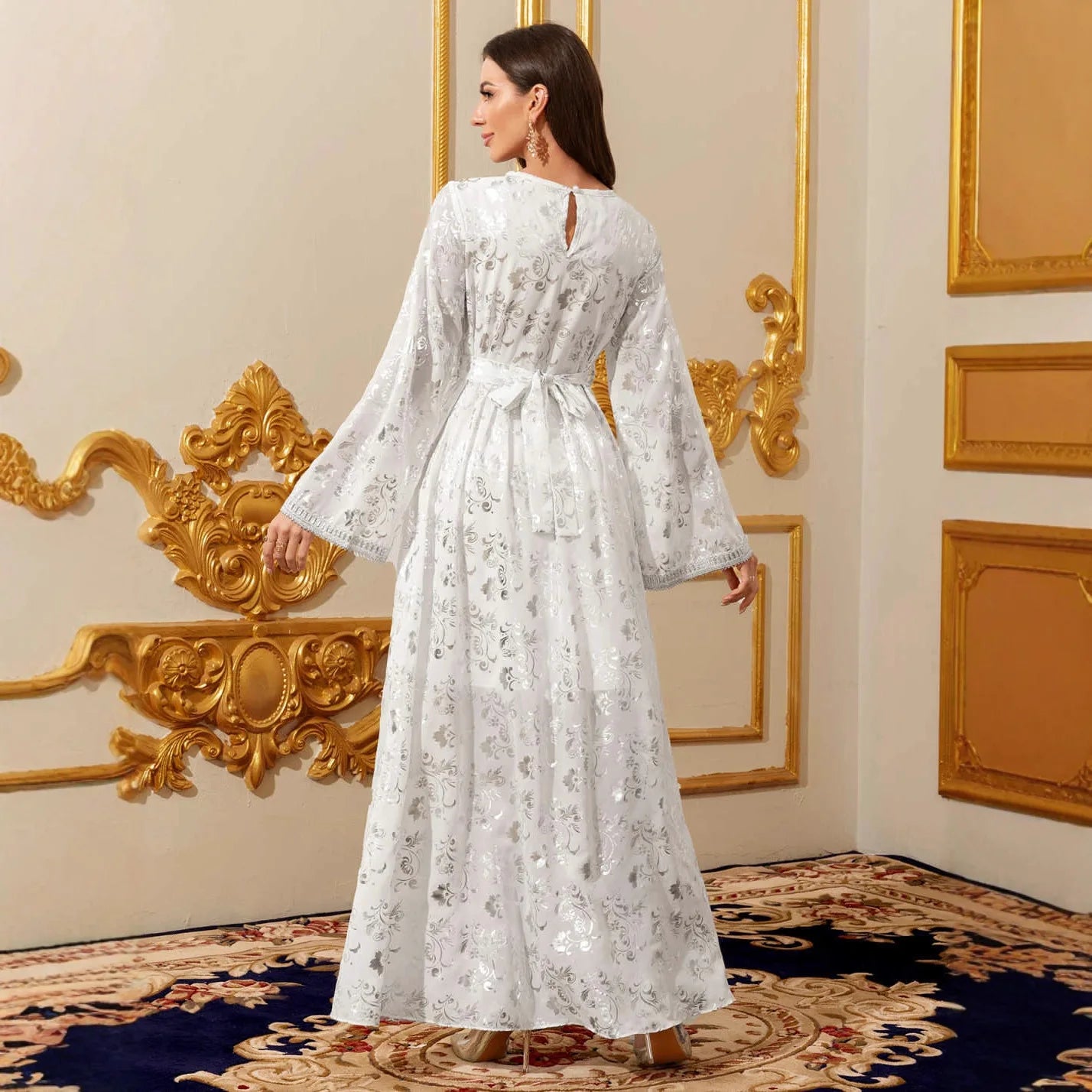 Silver Foil Print Modest Maxi Dress – Elegant Eid & Occasion Abaya