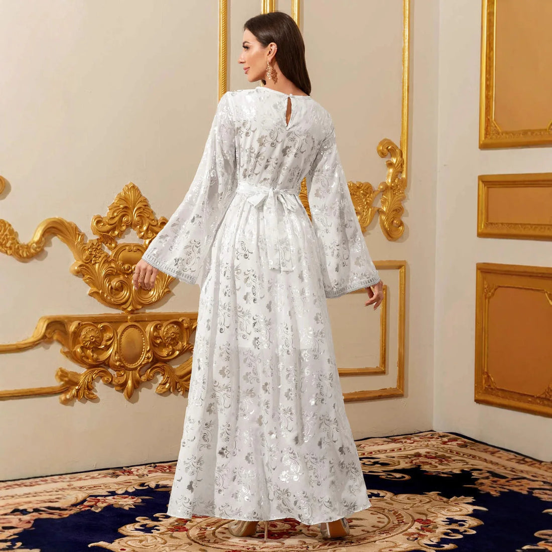 Silver Foil Print Modest Maxi Dress – Elegant Eid & Occasion Abaya