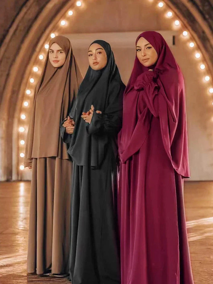Eid Hooded Muslim Women  Long Khimar Hijab Dress Set