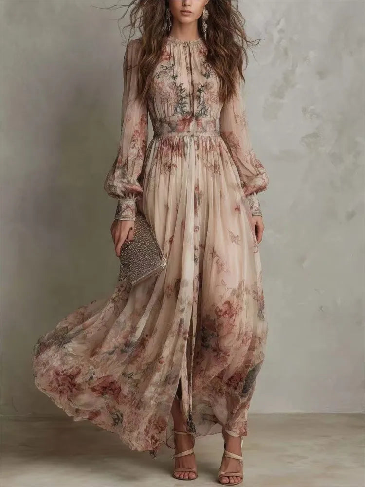 Vintage Floral Print High Waist Pleated Long Dress
