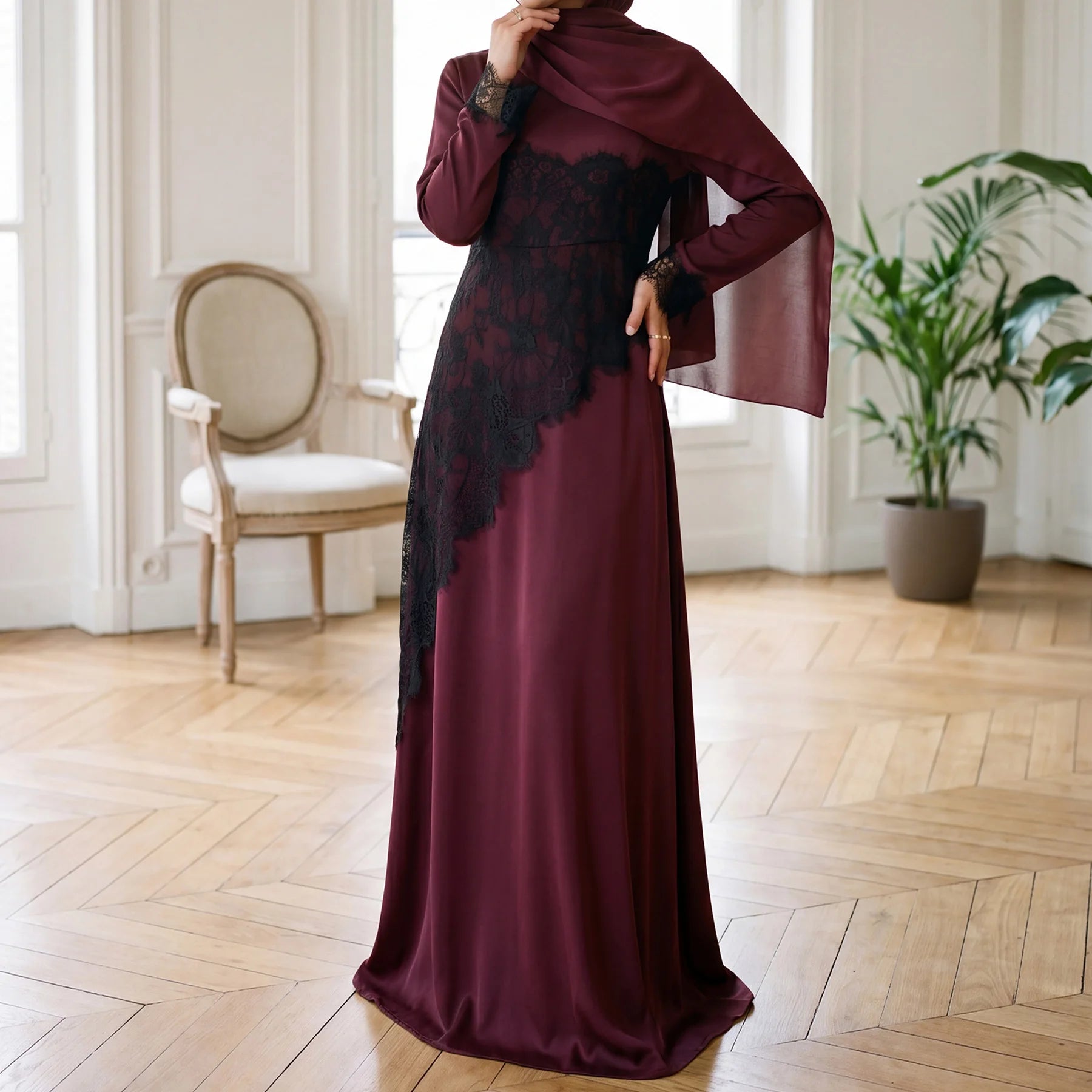 Summer Black Lace Overlay Feminine Modest Slim-Fit Muslimah Dress