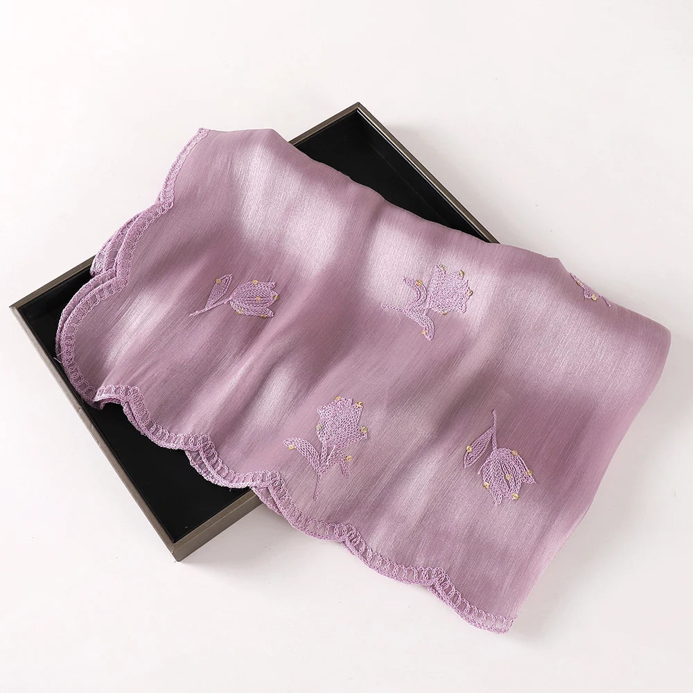 90×90cm Floral Embroidery Chiffon Hijab – Lightweight Shimmer Scarf