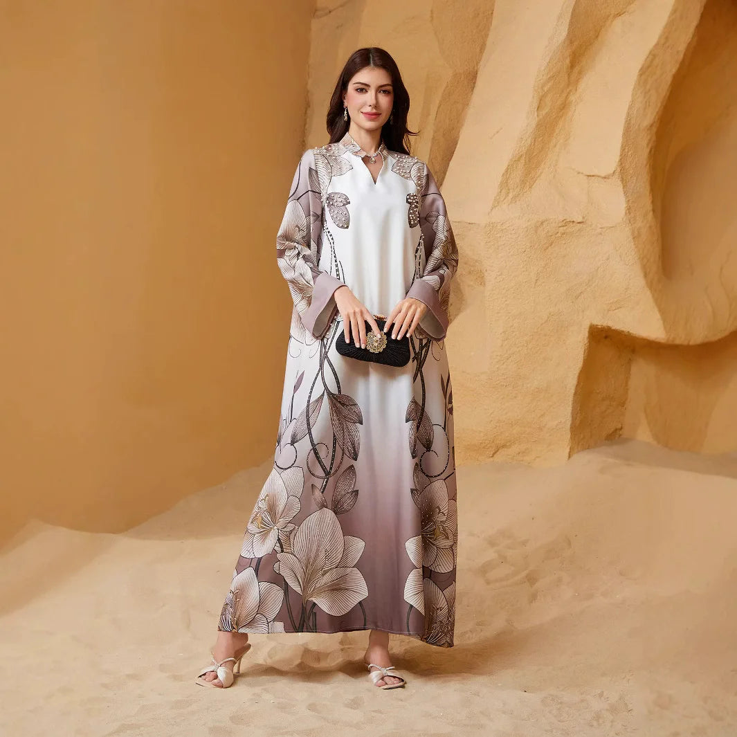 Saudi Luxury Nail Bead Diamond Robe – V-Neck Flip Sleeve Dress