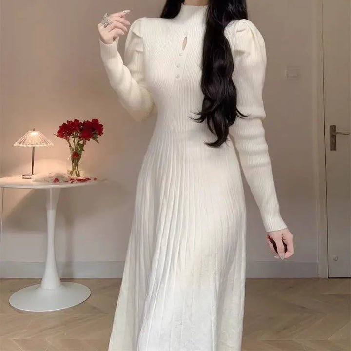 Solid Half High Collar Long Sleeve Jersey Dress