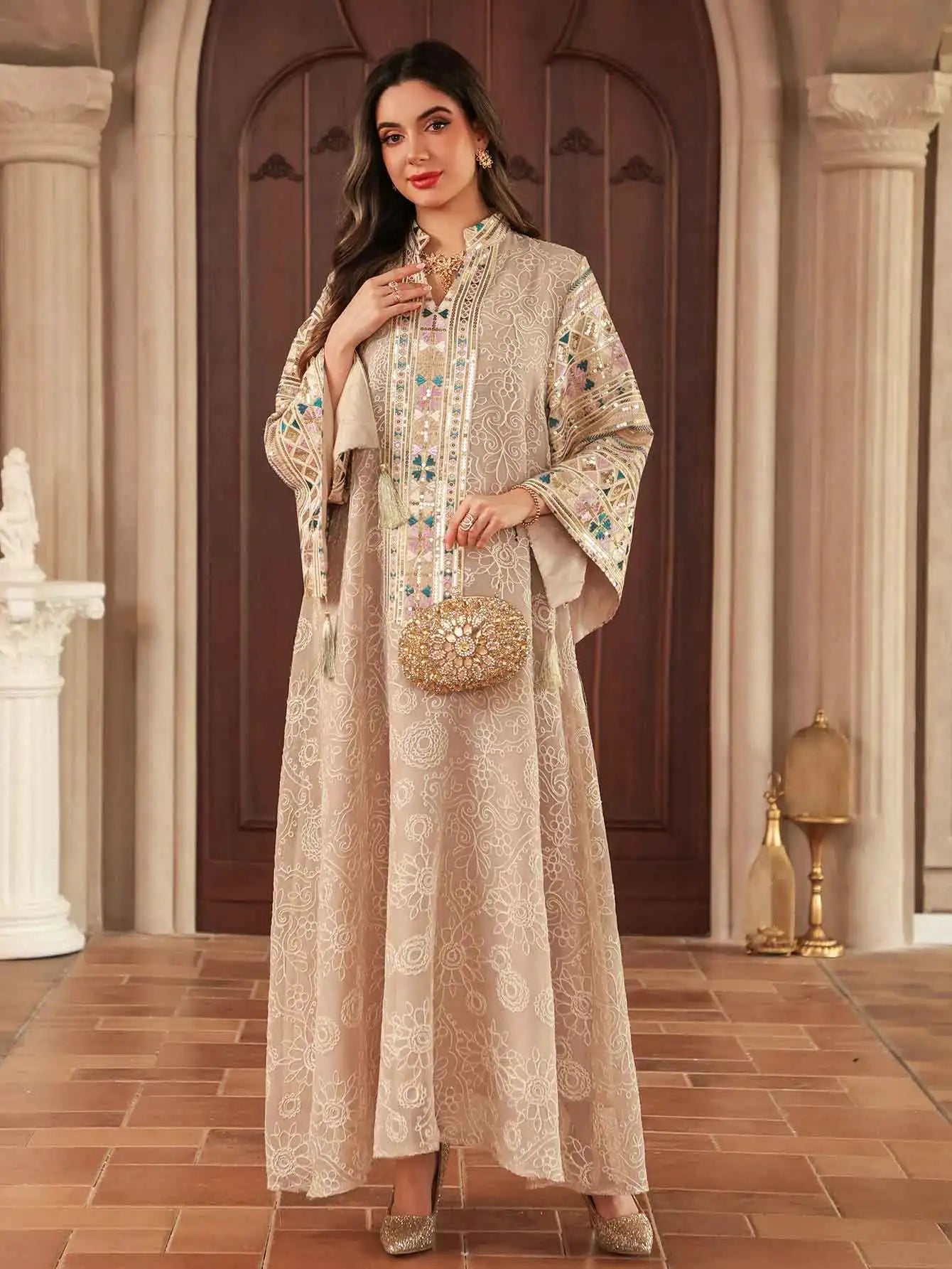 Multicolor Embroidered Sequin Abaya – Beige Eid Dress
