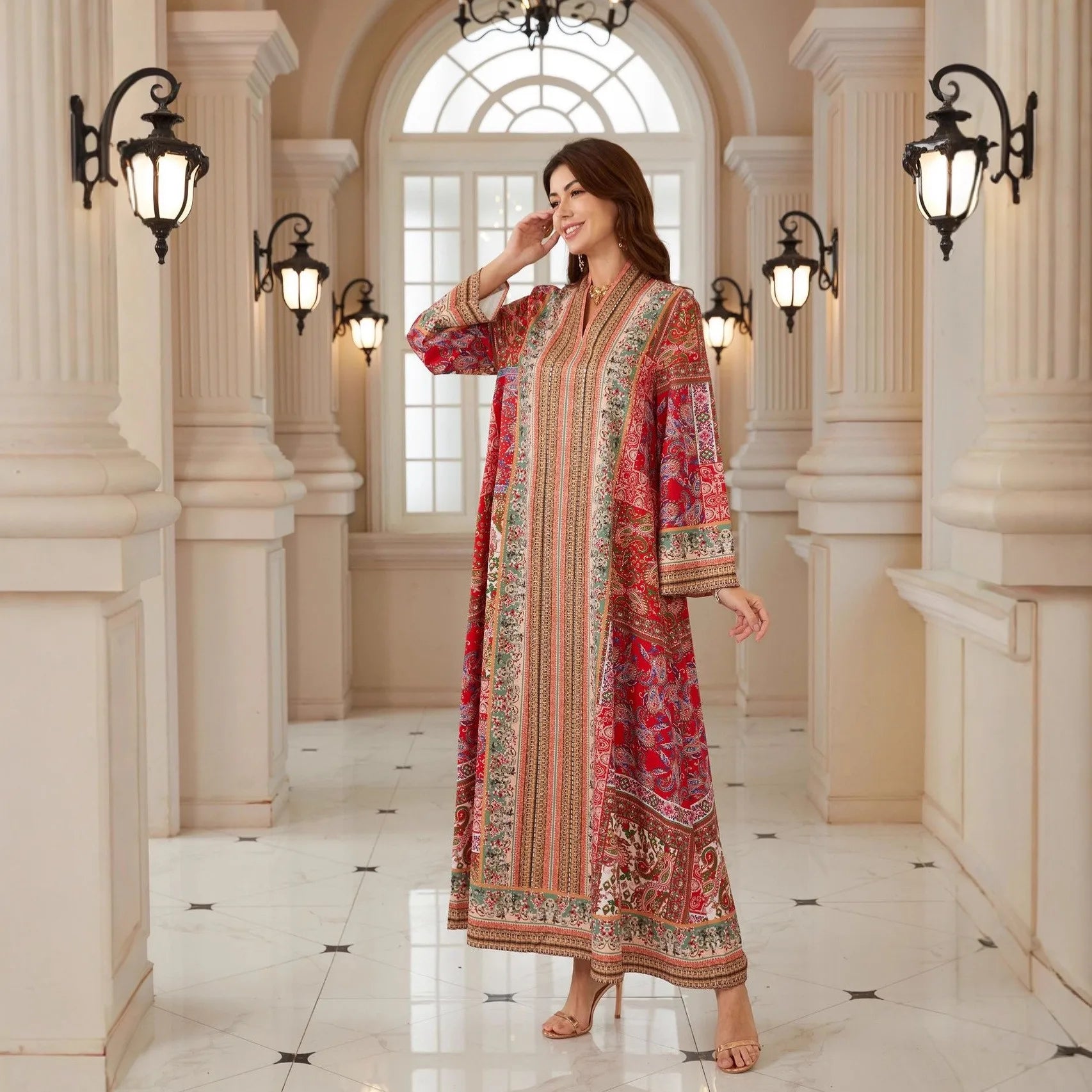Elegant Paisley Rhinestone Kaftan Abaya – V-Neck Modest Maxi Dress