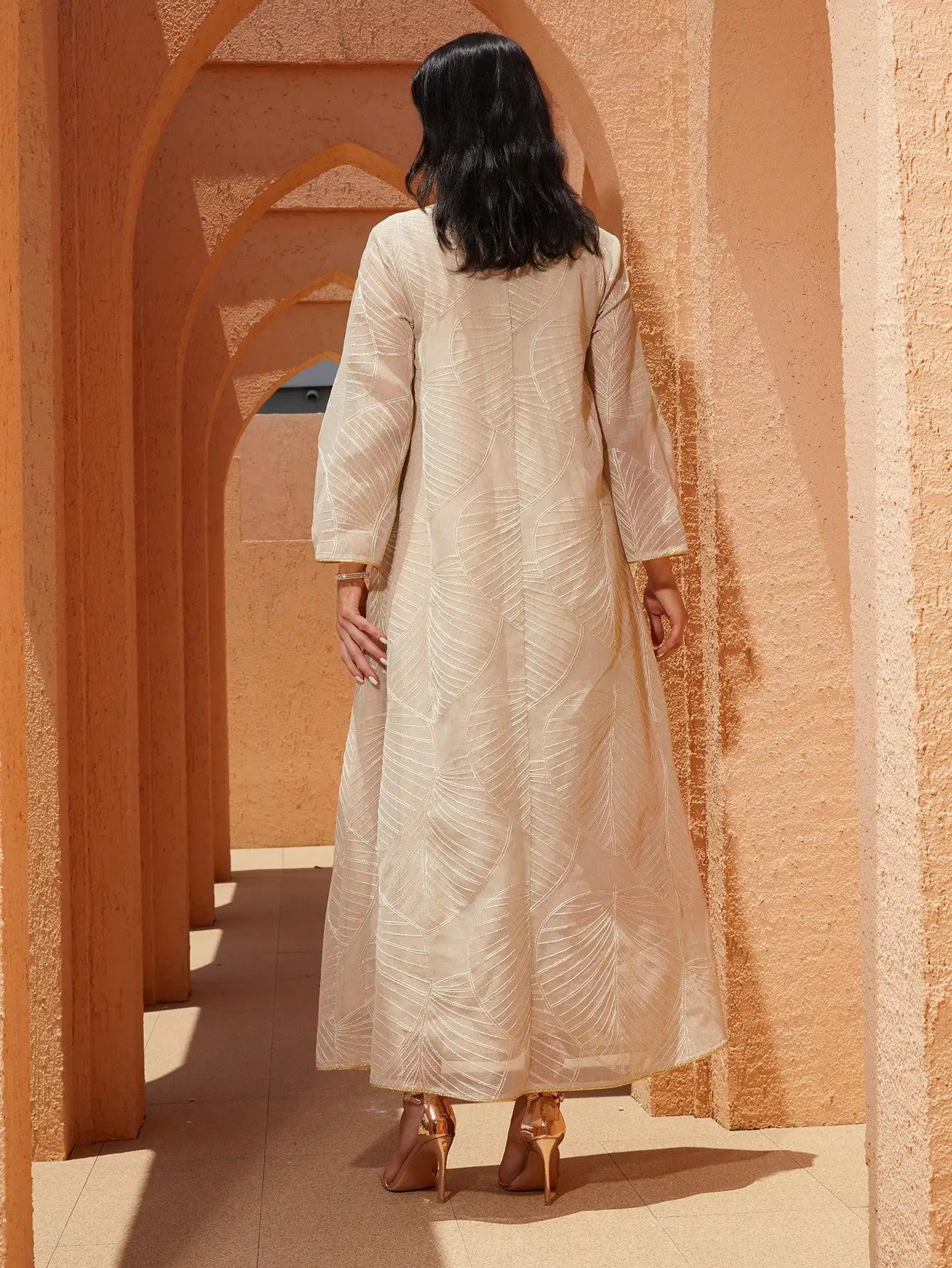 Net Embroidered Caftan – Elegant V-Neck Long Dress