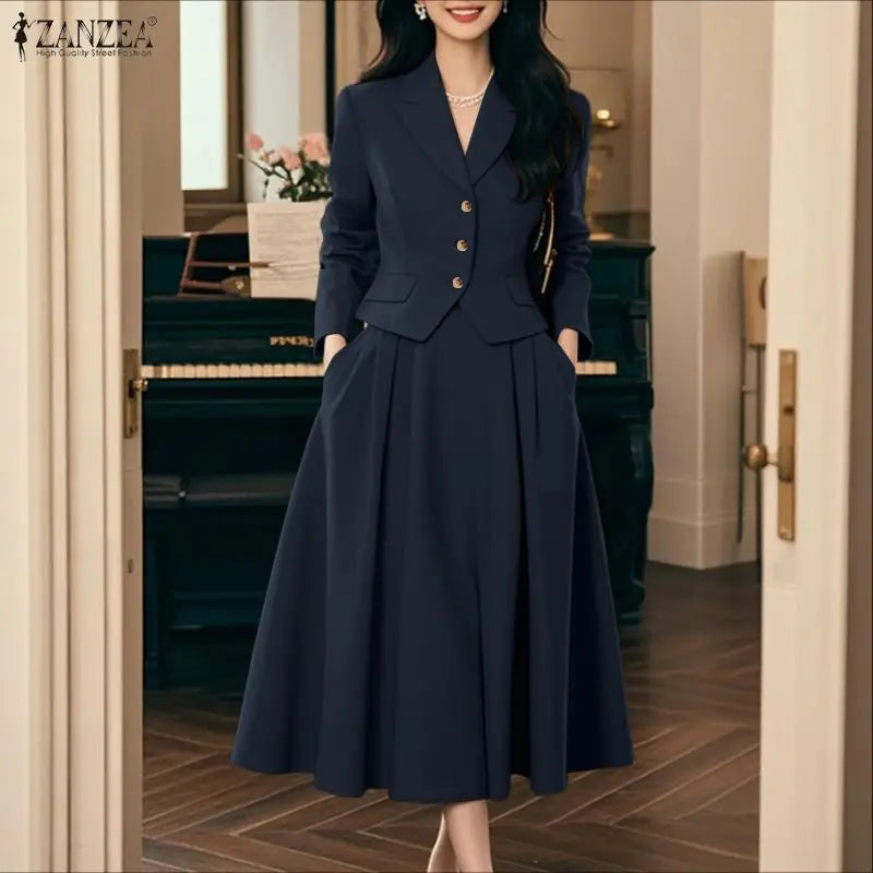 Elegant Women 2-Piece Skirt Suits Peak Lapel Long Sleeve Outfits