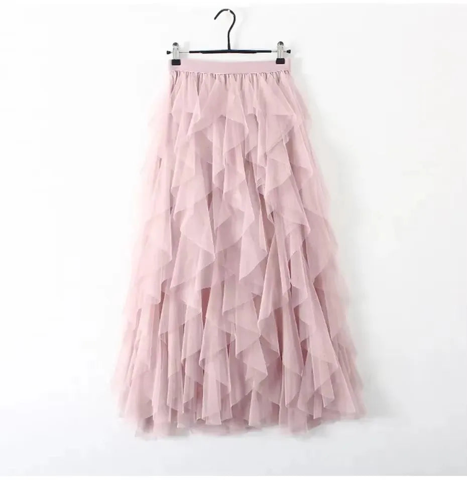 Womens Elastic High Waist Tulle Mesh Irregular Tutu Skirt