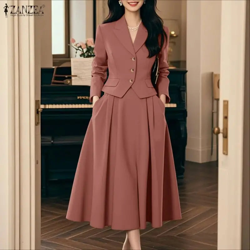 Elegant Women 2-Piece Skirt Suits Peak Lapel Long Sleeve Outfits