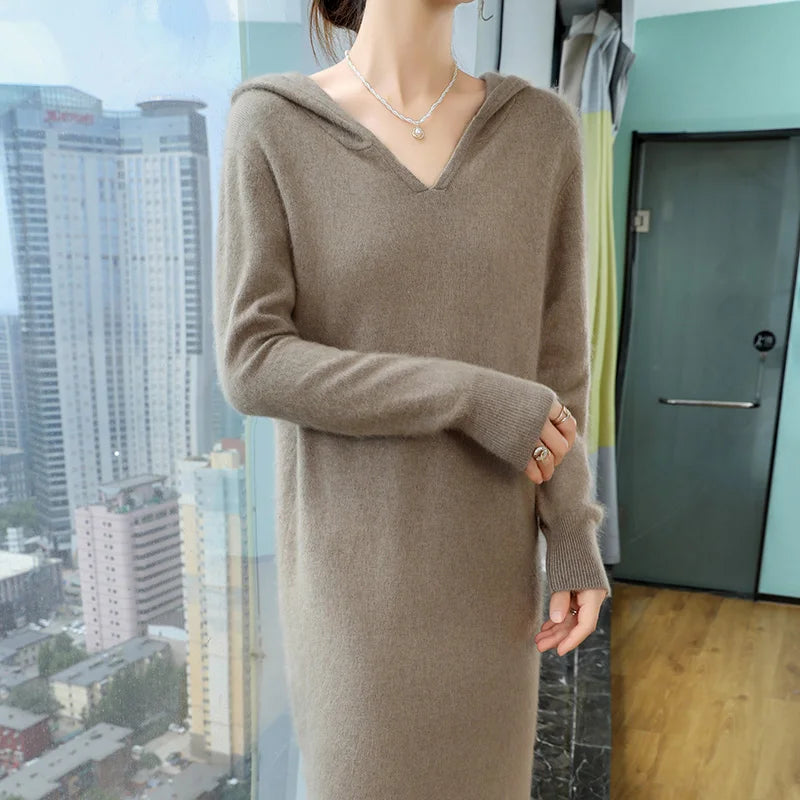 100% Pure Mink Cashmere Knitted Hooded Collar Dress