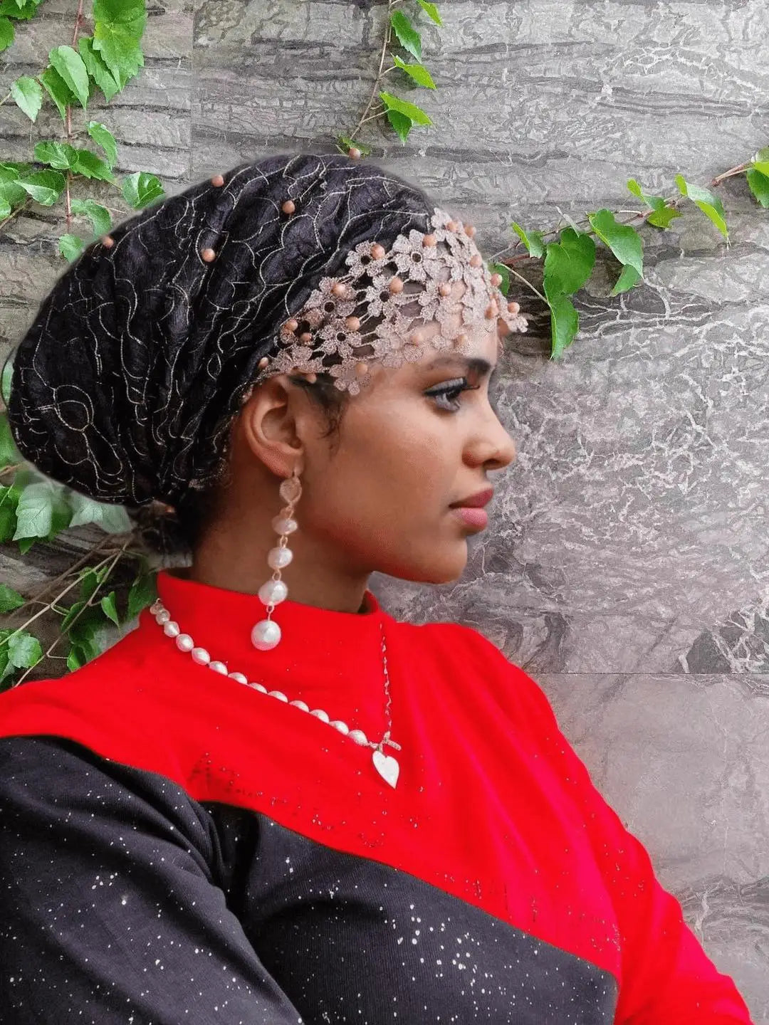 Elegant Floral Beaded Turban Hijab – Soft Stretch Head Wrap
