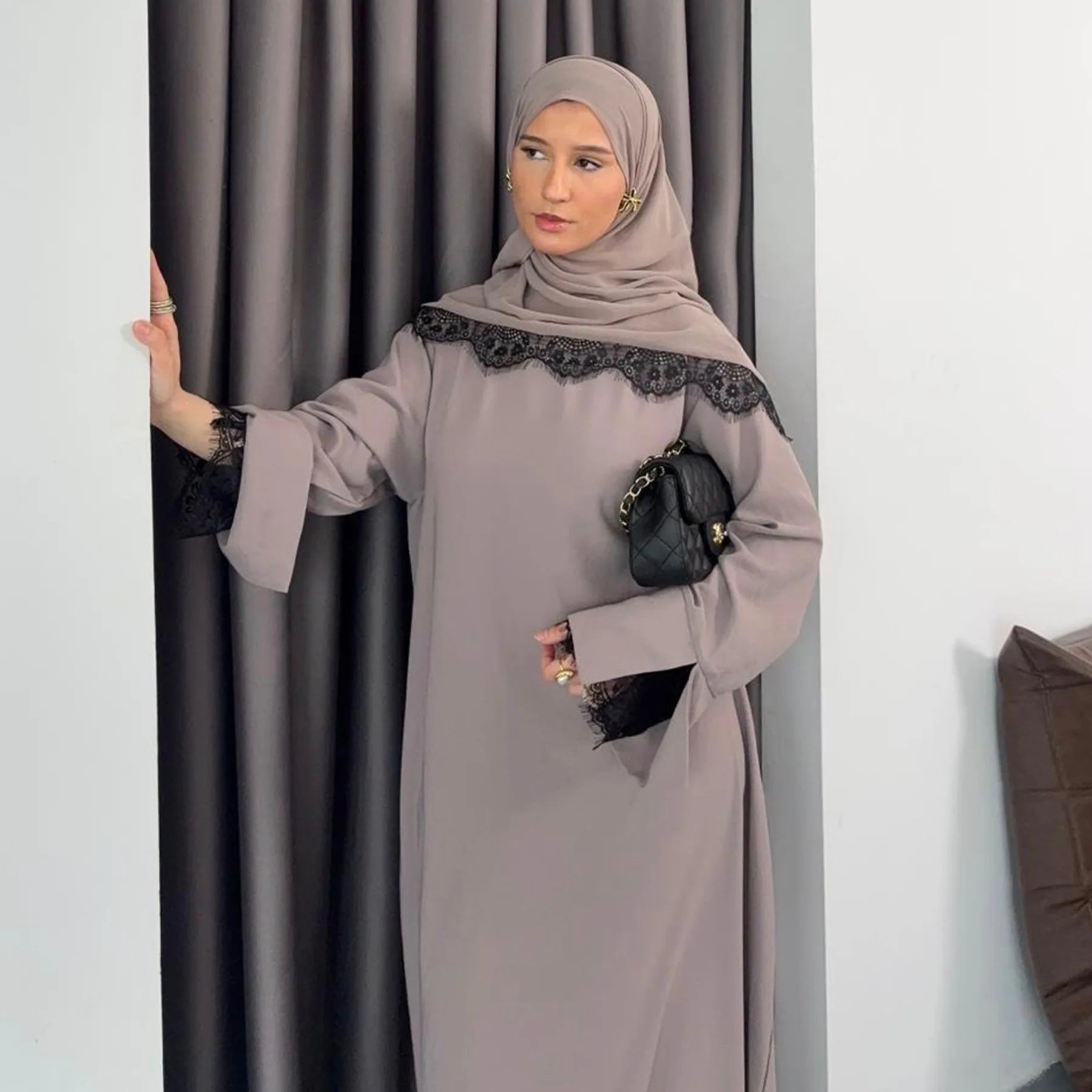 Dress Suit Women Hijab Dresses 2 Piece Set Jalabiya Muslim Lace Abaya