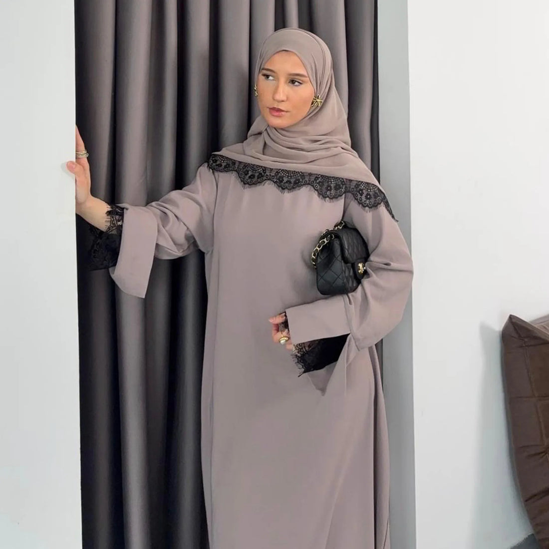 Dress Suit Women Hijab Dresses 2 Piece Set Jalabiya Muslim Lace Abaya