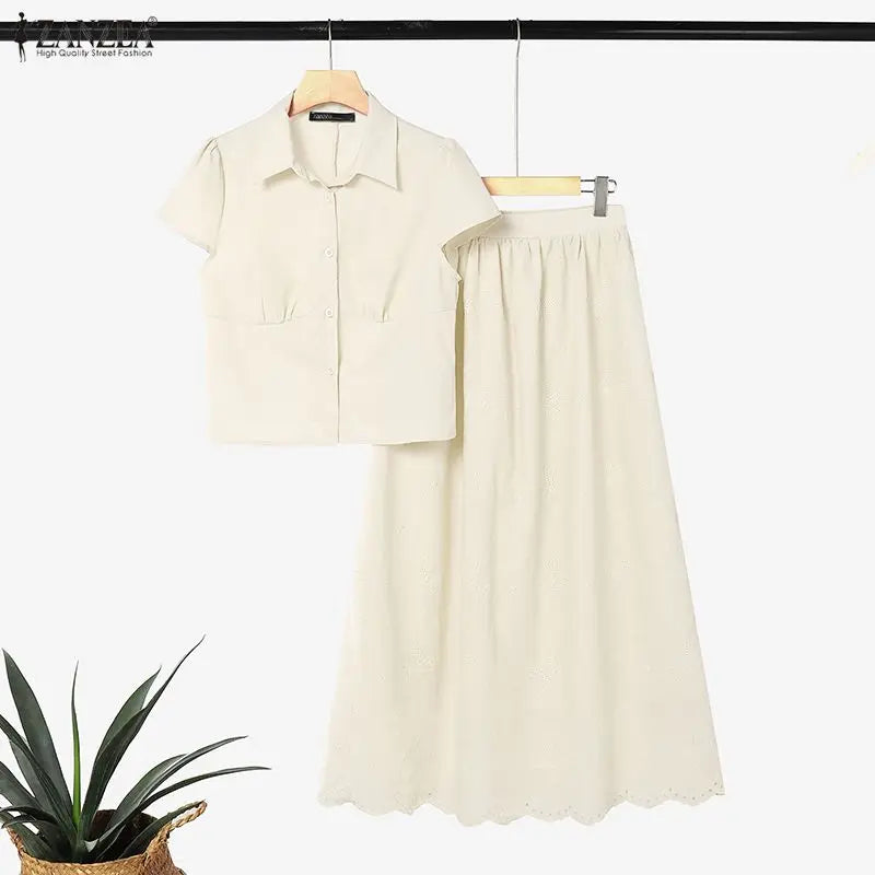 Women's Elegant Chic Skirt Sets Short Sleeve Short Shirt & Embroidered Maxi