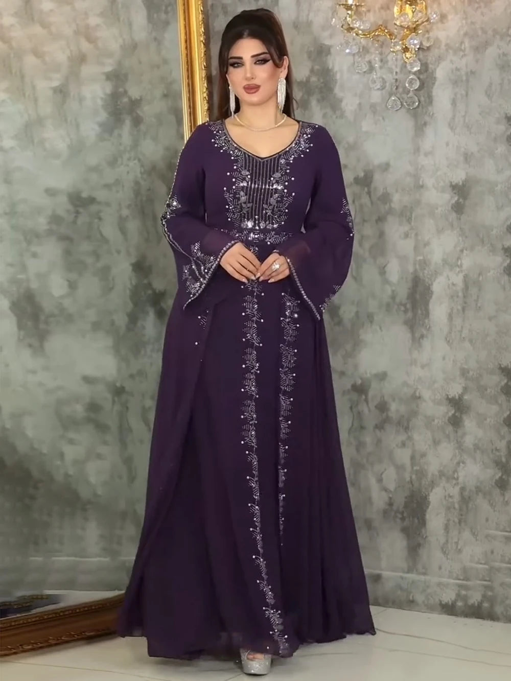 Elegant Chiffon Ruffle Sleeve Maxi Dress – Diamond-Detail Evening Gown