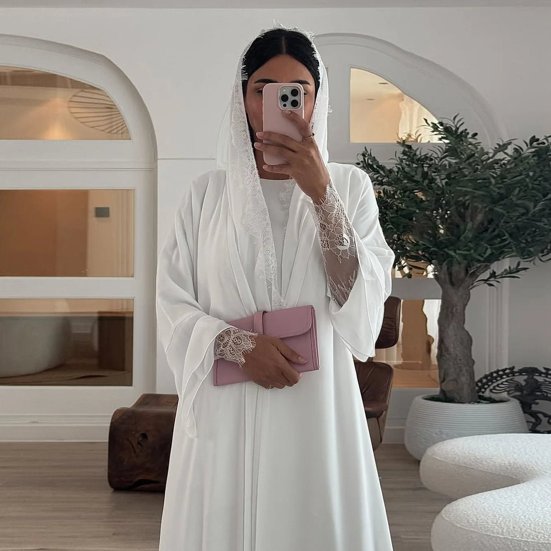 White Chiffon Abaya Set – Lace Sleeve & Hijab Included