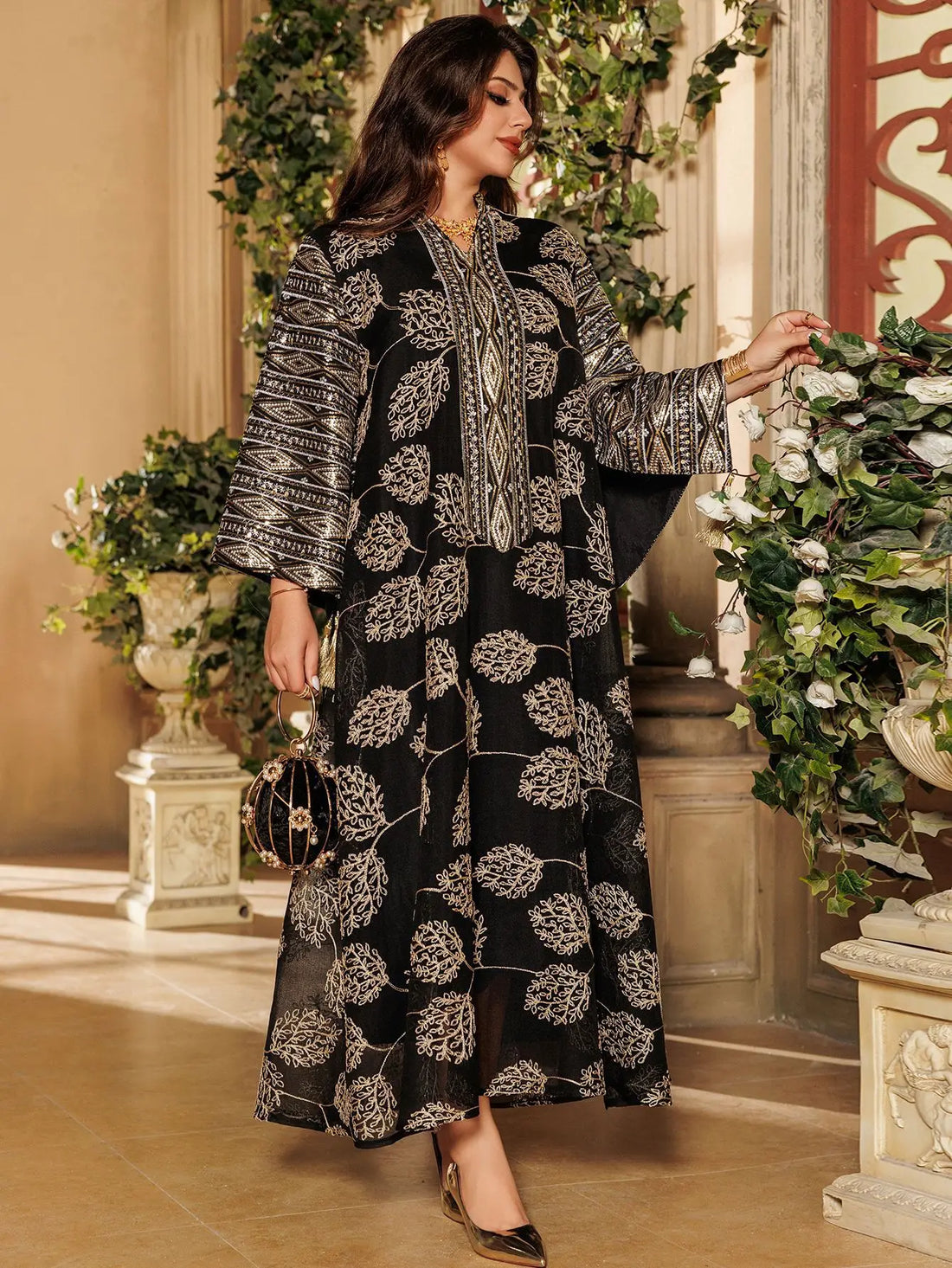 Black Embroidered Abaya – Gold Detail Formal Dress