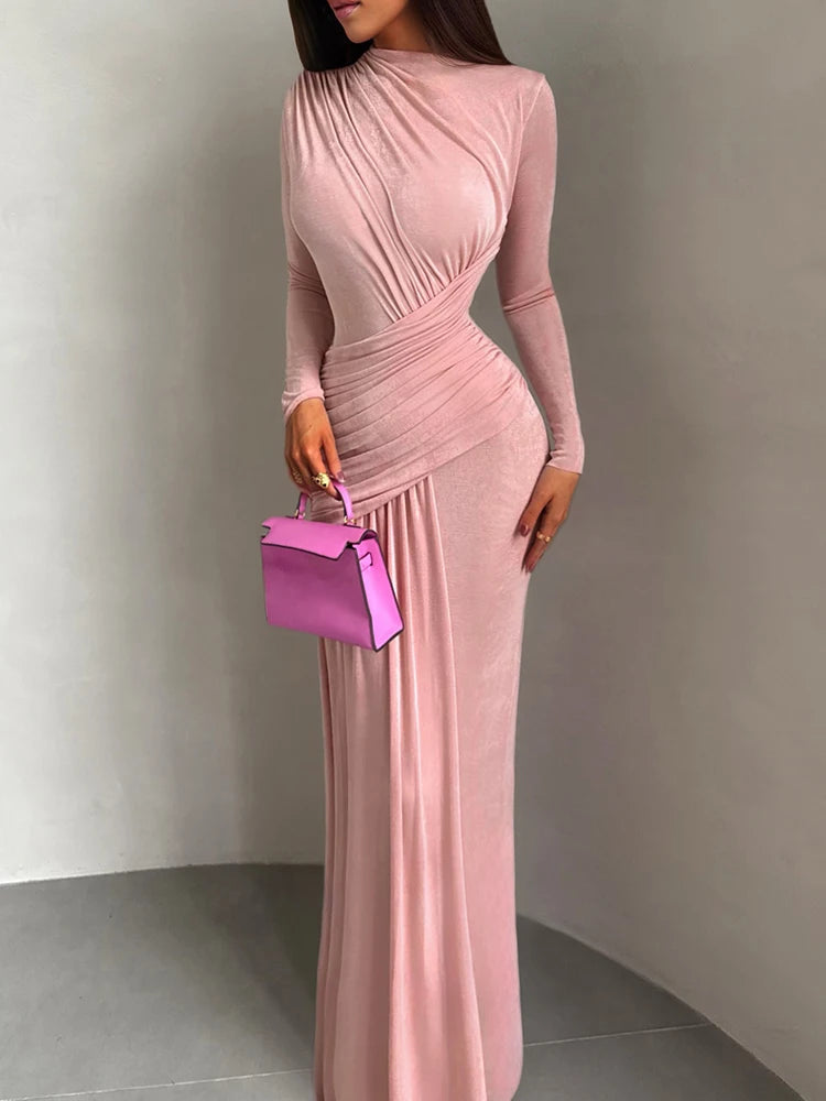 Maxi Dress Women O-Neck Full Sleeve Solid Banquet Elegant Vacation Fashion