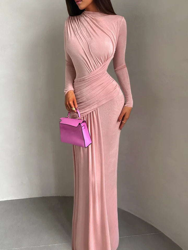 Maxi Dress Women O-Neck Full Sleeve Solid Banquet Elegant Vacation Fashion