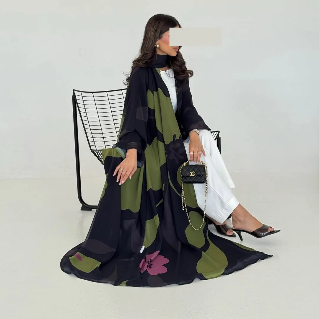 Dubai Floral Print Open Abaya – Long Sleeve Kaftan with Hijab