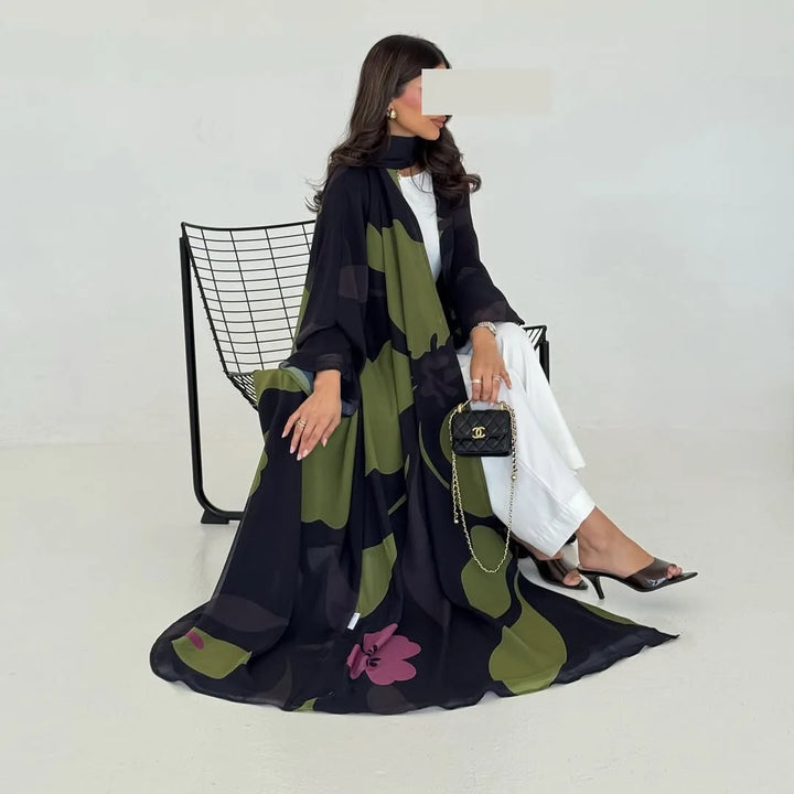Dubai Floral Print Open Abaya – Long Sleeve Kaftan with Hijab