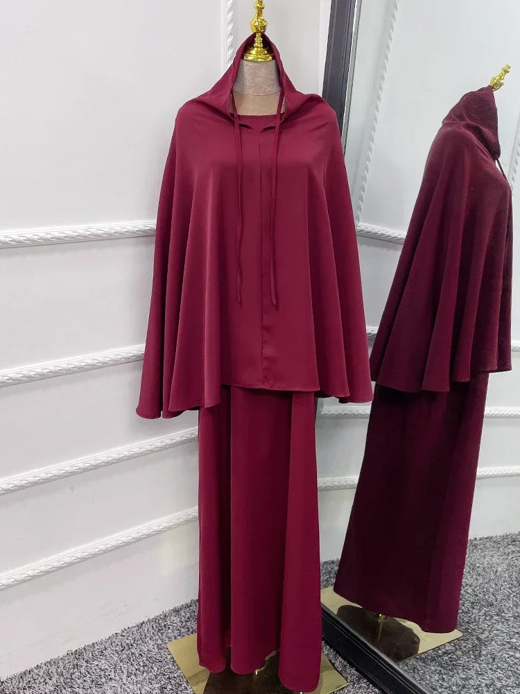 Eid Hooded Muslim Women  Long Khimar Hijab Dress Set